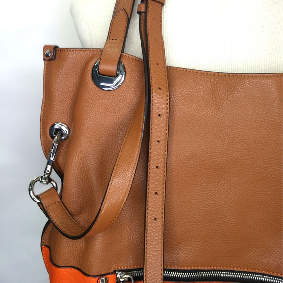 Cognac Pebbled Leather Purse Colorblock Crossbody Bag Silver Accents Handles - Picture 9 of 12